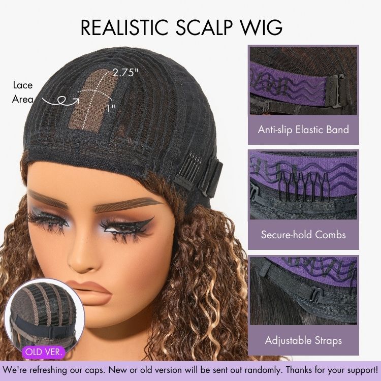 1 SEC INSTALL WIG | Brown Highlight / Natural Black Water Wave Natural Scalp Glueless Minimalist Lace Short Curly Wig with Bangs - Image 10