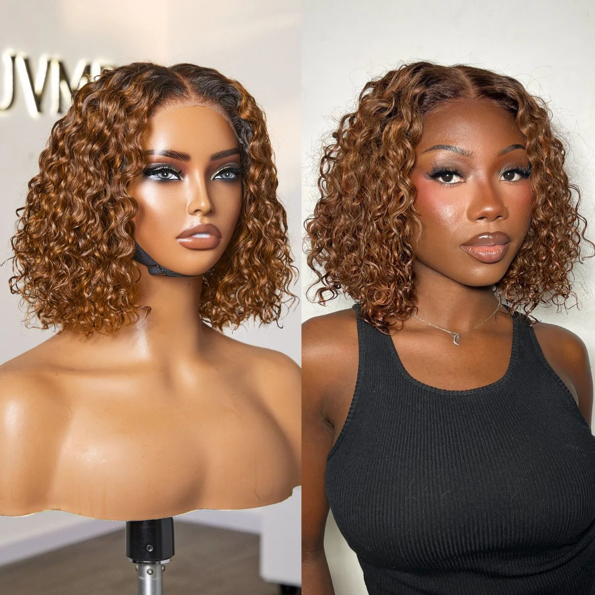 Warm Caramel Brown / Natural Black Deep Curly Glueless 5x5 Closure Pre-Cut Lace Wig - Image 2