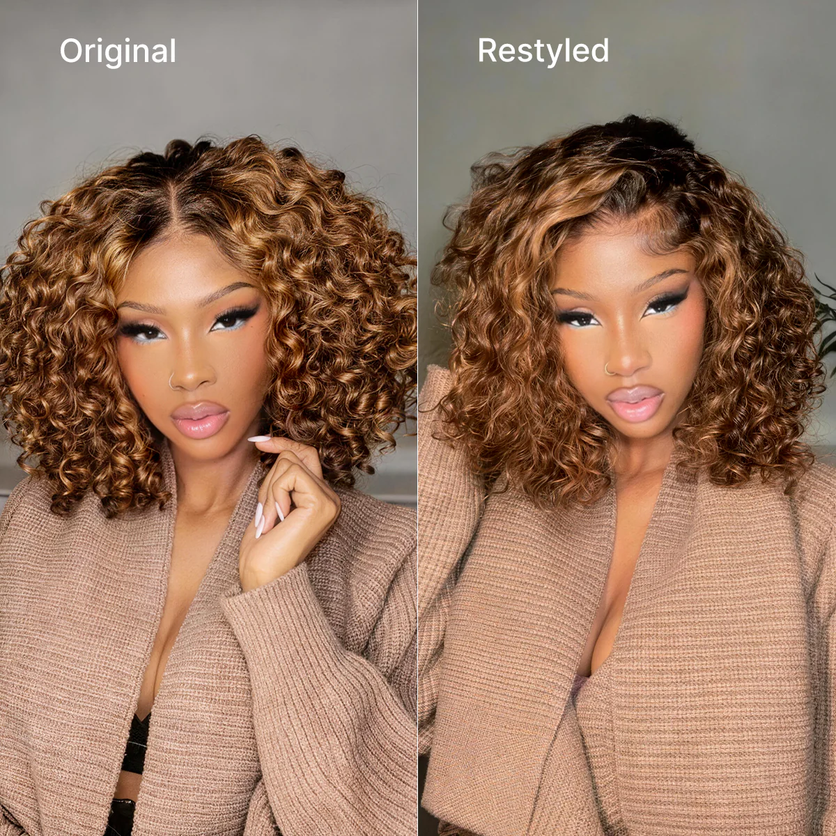 Warm Caramel Brown / Natural Black Deep Curly Glueless 5x5 Closure Pre-Cut Lace Wig - Image 4