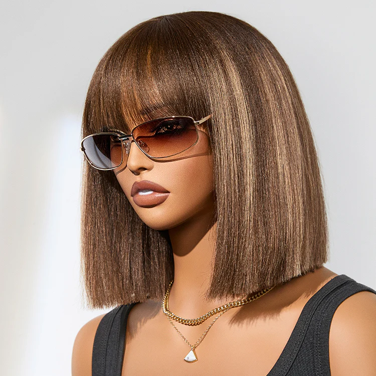 APP 2 For $159.9 | 12 Inches Ash Blonde Highlights Yaki Blunt Cut Bob Wig + 12 Inches Water Wave Minimalist Lace Wig - Image 4
