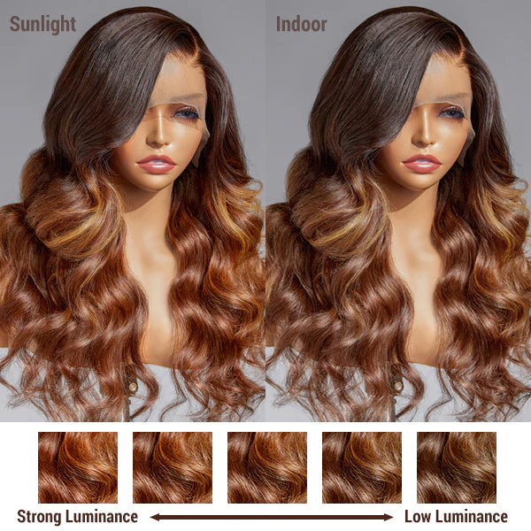 Amanda Honey Brown Highlight Glueless 13x4 Frontal Lace Side Part Long Wig | Large & Small Cap Size - Image 2