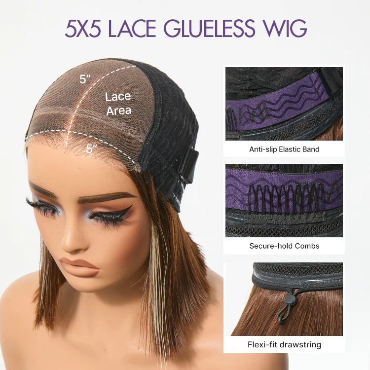 Ash Blonde Highlight Glueless 5x5 HD Closure Lace Bob Wig Pre-Cut Lace Flexi-Fit Drawstring Cap - Image 13