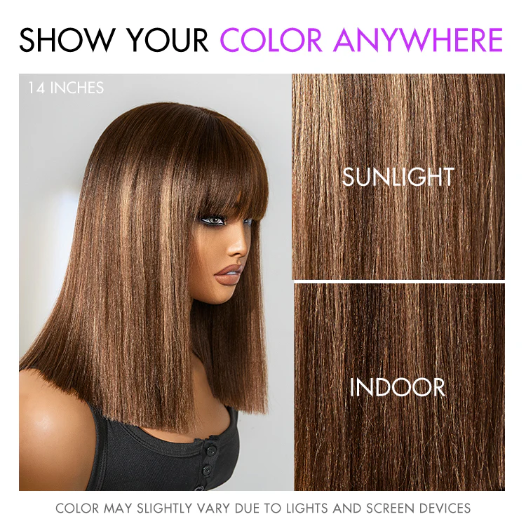 Ash Blonde Highlights with Dark Brown Base Yaki Blunt Cut Bob Wig with Bangs Glueless Minimalist Lace Short Wig - Image 9
