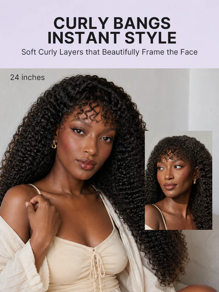 Beginner Friendly 200% Density Kinky Curly with Bangs Glueless 5x5 Closure Pre-Cut Lace Wig All Head Sizes Fit Cap - Image 2