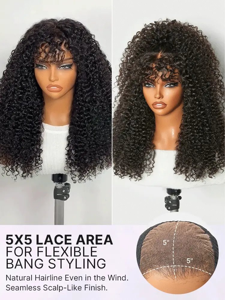 Beginner Friendly 200% Density Kinky Curly with Bangs Glueless 5x5 Closure Pre-Cut Lace Wig All Head Sizes Fit Cap - Image 3