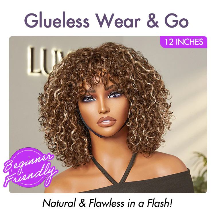 Beginner Friendly Ash Blonde Highlights Water Wave True Scalp Minimalist Lace Glueless Curly Wig with Bangs - Image 2