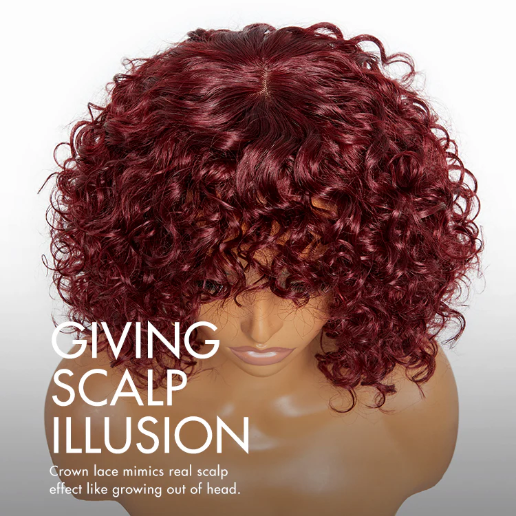 Beginner Friendly Dark Red Water Wave Glueless Minimalist Lace Curly Wig with Bangs - Image 5