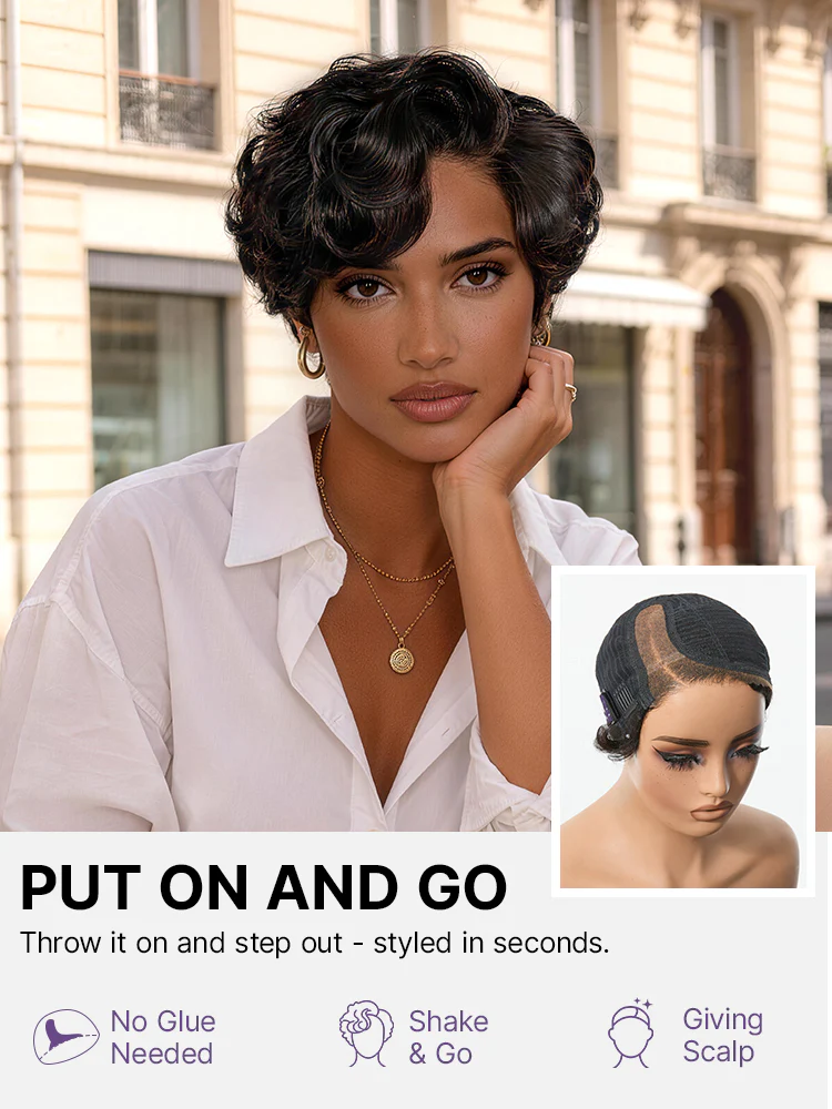 Beginner Friendly Natural Black Lightweight Roll Curl Glueless Minimalist HD Lace Short Pixie Cut Wig Pre Cut Lace - Image 3