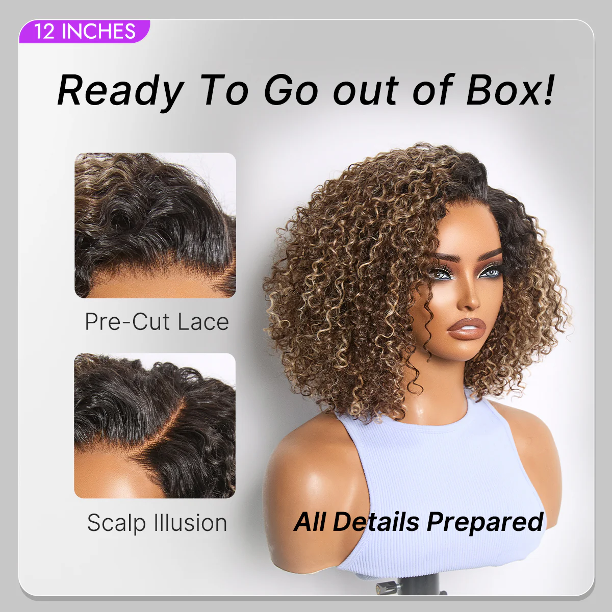 Blonde Highlight Short Cut Kinky Curly Minimalist HD Lace Glueless Wig Pre-Cut Lace - Image 6