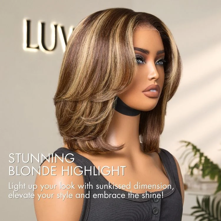 Blonde Highlight / Brown Highlight Short Layered Bob Wig Glueless 5x5 Closure Pre-Cut Lace Wig - Image 8