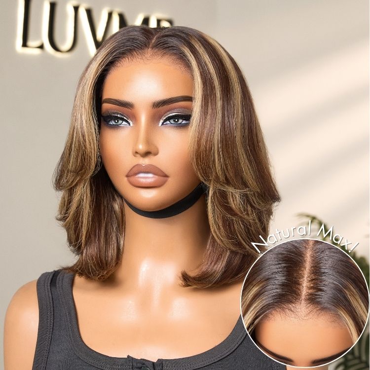 Blonde Highlight / Brown Highlight Short Layered Bob Wig Glueless 5x5 Closure Pre-Cut Lace Wig - Image 9