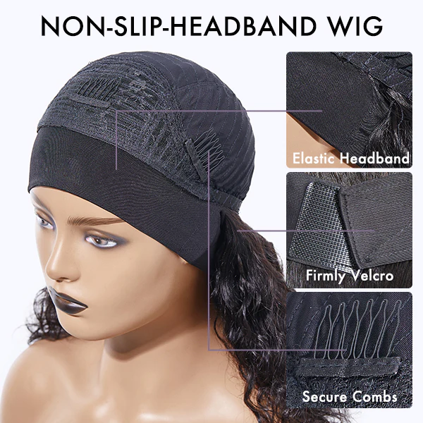 Natural Black Body Wave No Lace Glueless Long Headband Wig 100% Human Hair - Image 6