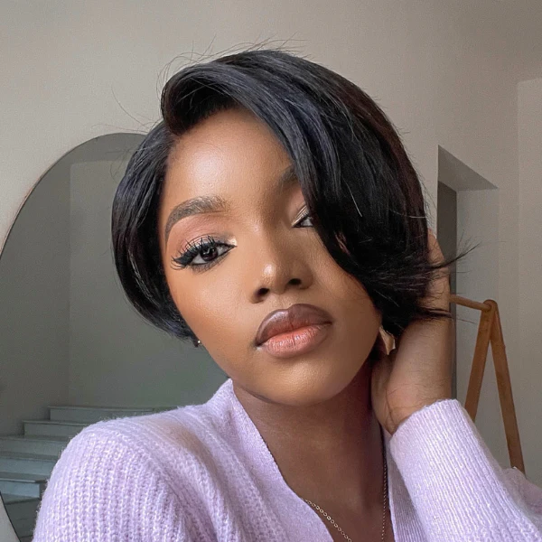 Mature Boss Natural Black Pixie Cut Glueless 13x4 Frontal Lace C Part Short Wig - Image 2