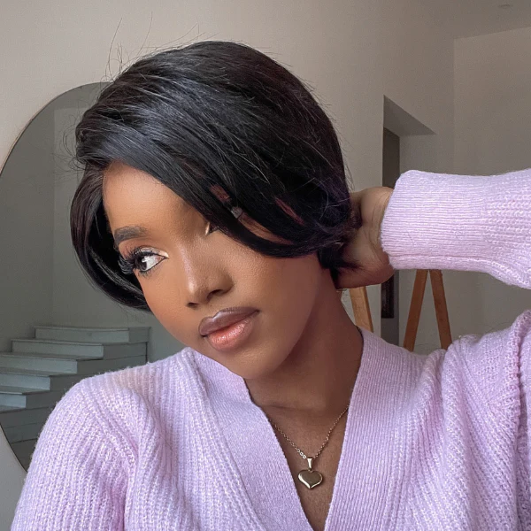 Mature Boss Natural Black Pixie Cut Glueless 13x4 Frontal Lace C Part Short Wig - Image 3