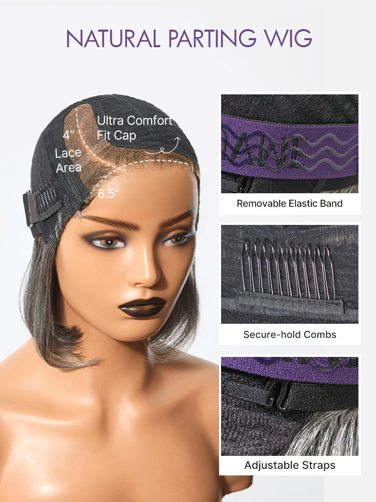 Boss Vibe Salt & Pepper Layered Bob Glueless Pre-Cut Minimalist HD Lace Grey Wig - Image 10