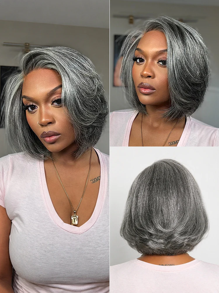 Boss Vibe Salt & Pepper Layered Bob Glueless Pre-Cut Minimalist HD Lace Grey Wig - Image 2