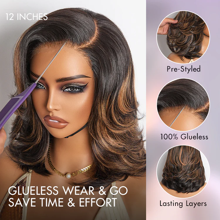 Brown Highlight Layered Wavy Butterfly Haircut Glueless Minimalist HD Lace Wig Pre-Cut Lace - Image 6