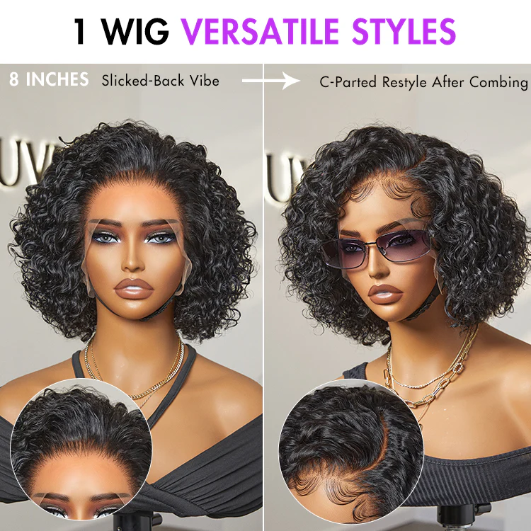 Brown Highlight / Jet Black Short Cut Slicked Back Curly Ear-to-ear Wide T Lace Wig - Image 10