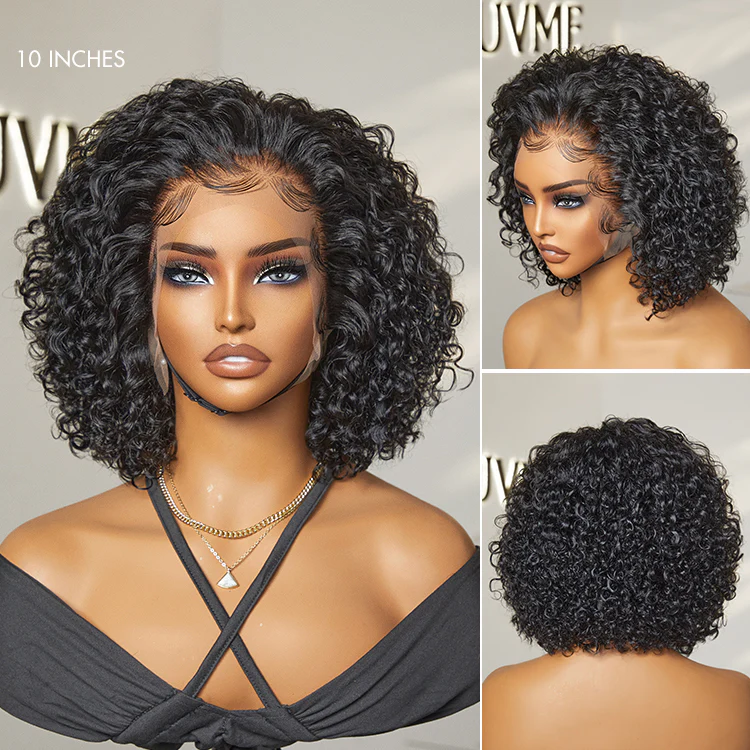 Brown Highlight / Jet Black Short Cut Slicked Back Curly Ear-to-ear Wide T Lace Wig - Image 11