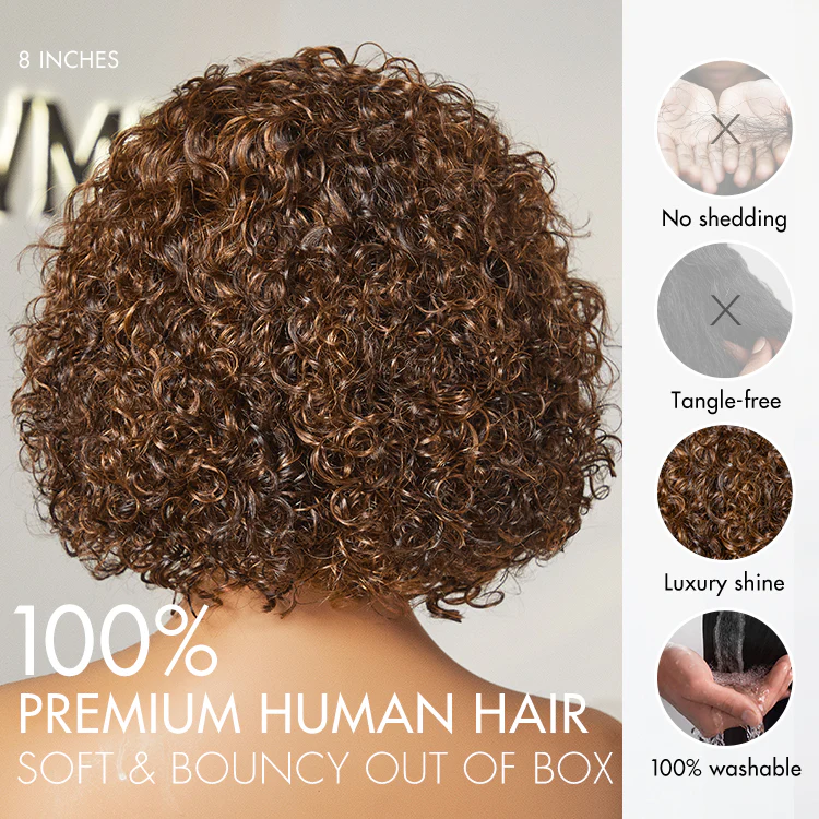 Brown Highlight / Jet Black Short Cut Slicked Back Curly Ear-to-ear Wide T Lace Wig - Image 12