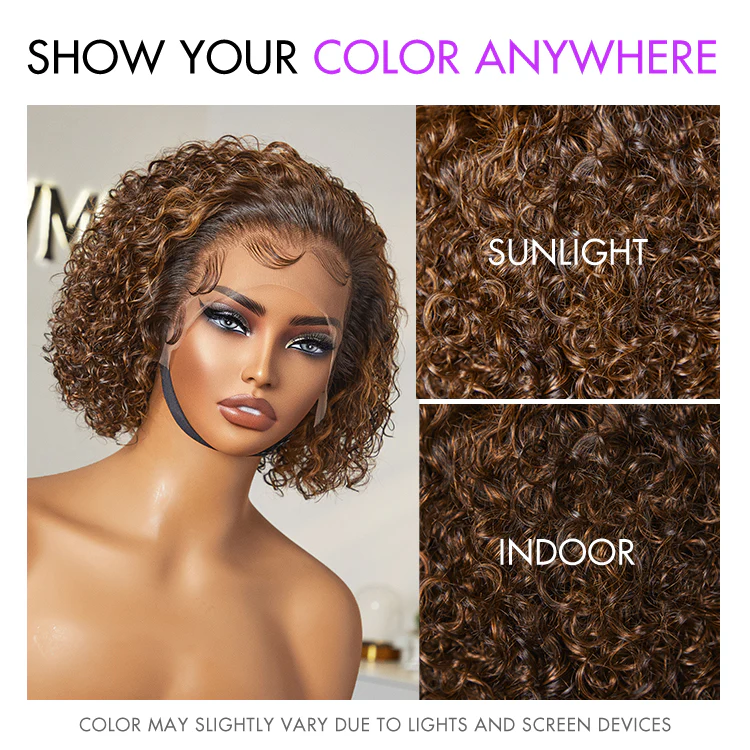 Brown Highlight / Jet Black Short Cut Slicked Back Curly Ear-to-ear Wide T Lace Wig - Image 13