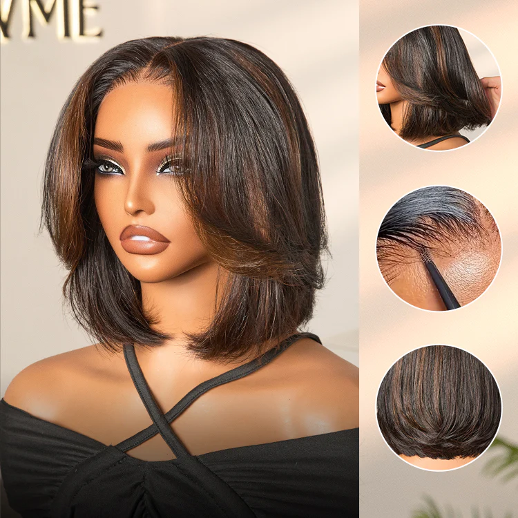 Brown Highlight Silky Short Bob Wig Layered Cut Human Hair Glueless 5x5 Closure Pre-Cut Lace Wig - Image 2