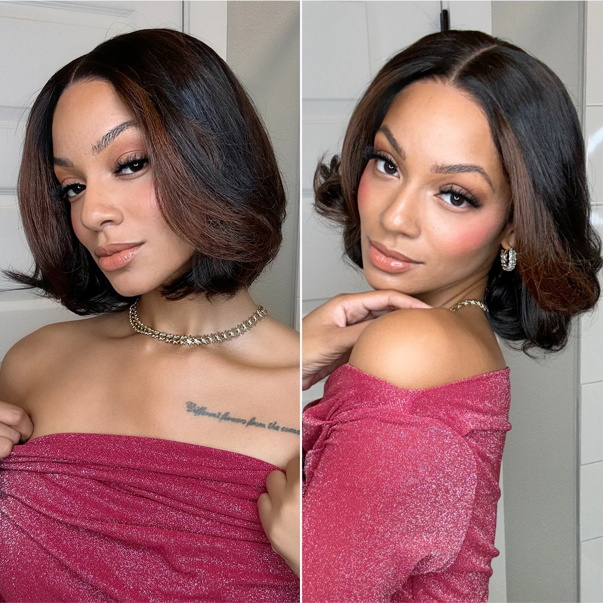 Brown Highlight Silky Short Bob Wig Layered Cut Human Hair Glueless 5x5 Closure Pre-Cut Lace Wig - Image 3