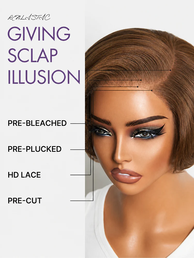 Chestnut Brown Elegant Glueless Minimalist HD Lace Short Pixie Cut Wig with Bangs - Image 3