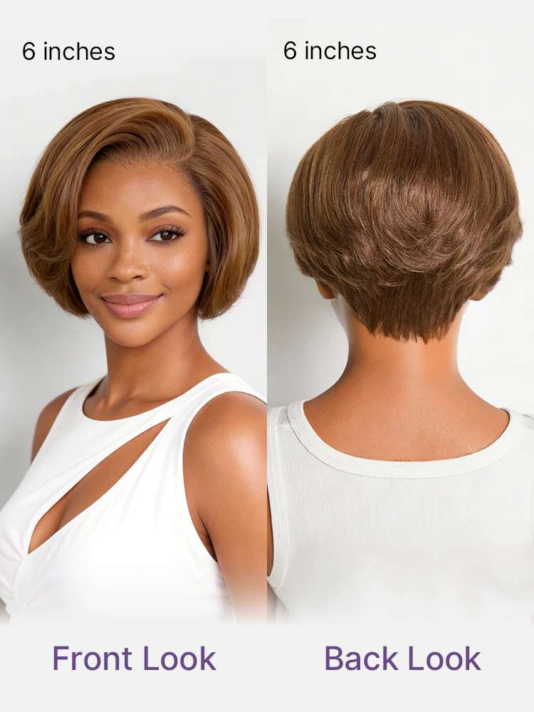 Chestnut Brown Elegant Glueless Minimalist HD Lace Short Pixie Cut Wig with Bangs - Image 5
