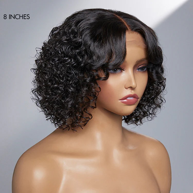 Casual Bouncy Curly 4x4 Closure Lace Glueless Short Wig with Bangs 100% Human Hair - Image 5