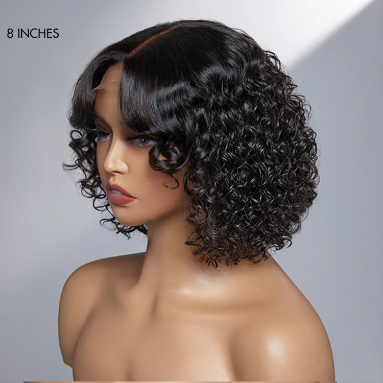 Casual Bouncy Curly 4x4 Closure Lace Glueless Short Wig with Bangs 100% Human Hair - Image 6