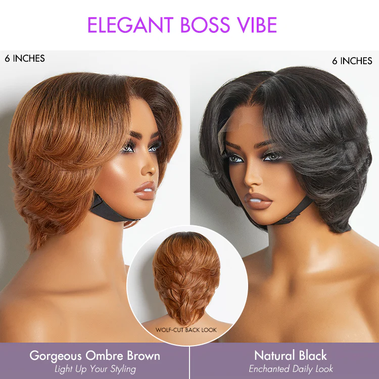 1 SEC INSTALL WIG | Elegant Boss Vibe Short Pixie Cut Natural Black / Ombre Brown Glueless Minimalist HD Lace Wig Pre Cut Lace - Image 12