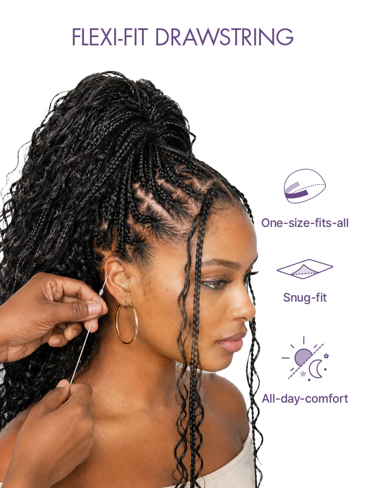 OwnScalp™ Light Weight Flexi-Fit Invisi Drawstring Cap Full Lace Knotless Boho Curls Braided Long Wig Super Natural Scalp Pre-Cut Lace - Image 11