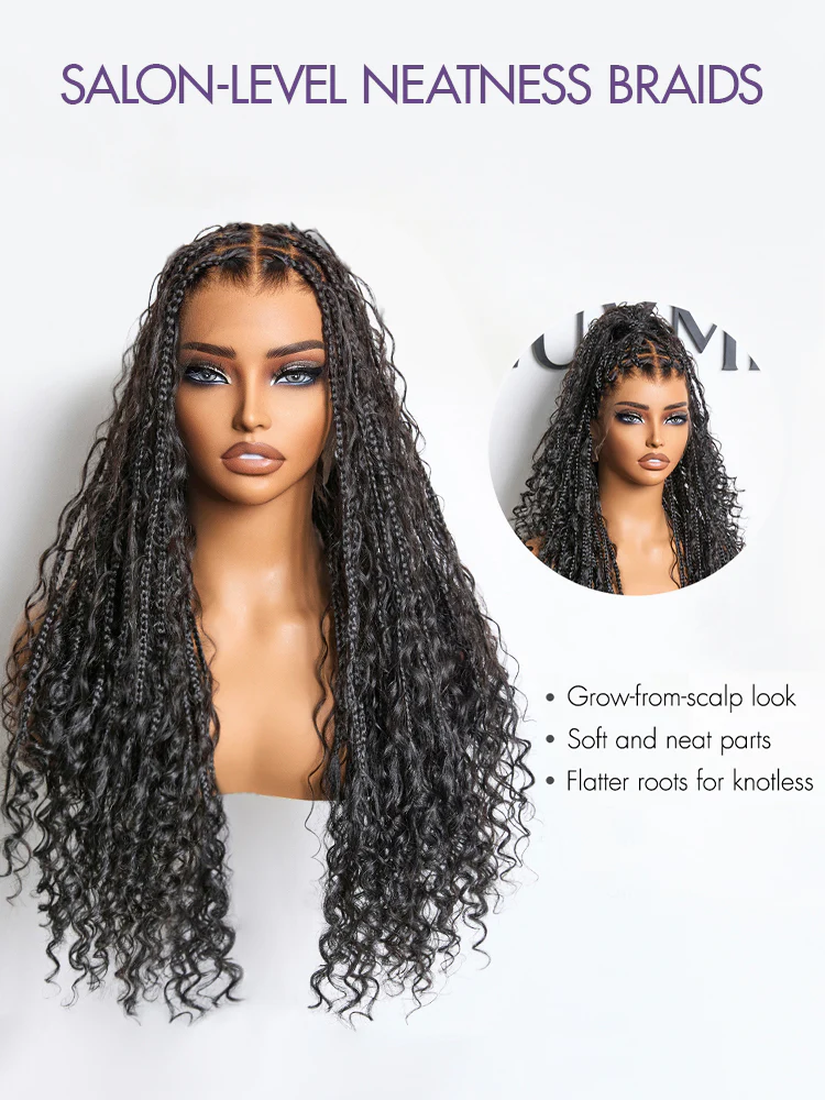 OwnScalp™ Light Weight Flexi-Fit Invisi Drawstring Cap Full Lace Knotless Boho Curls Braided Long Wig Super Natural Scalp Pre-Cut Lace - Image 13