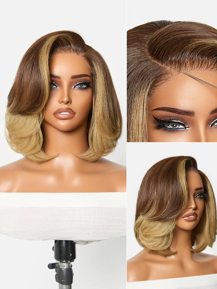 Honey Blonde Face-Framing Highlights Blow Out Layered Cut Glueless 5x5 Closure Lace Bob Wig Pre-cut Lace