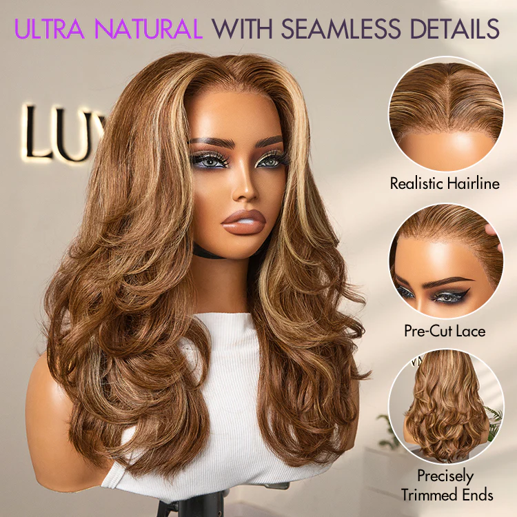 PreMax Wigs - Honey Brown with Blonde Highlights / Natural Black Bouncy Body Wave Glueless 13x4 Frontal Lace Human Hair Wig - Image 16