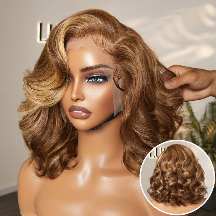 PreMax Wigs - Honey Brown with Blonde Highlights / Natural Black Bouncy Body Wave Glueless 13x4 Frontal Lace Human Hair Wig - Image 2