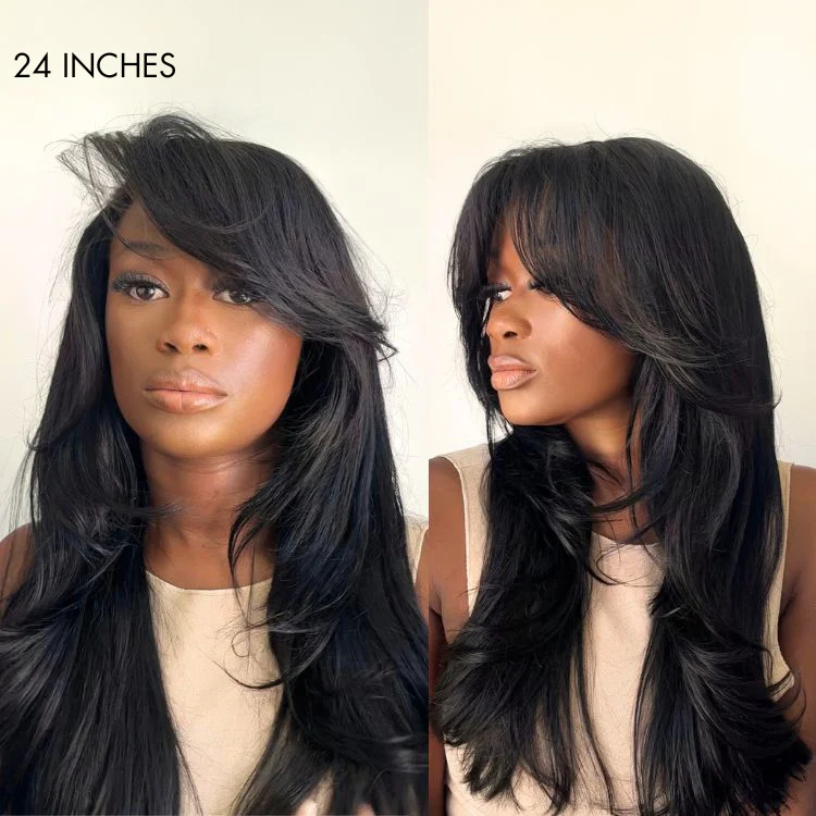 Blow Out Layered Cut C Part Glueless 5x5 Closure HD Lace Wig with Bangs| Large & Small Cap Size - Image 6