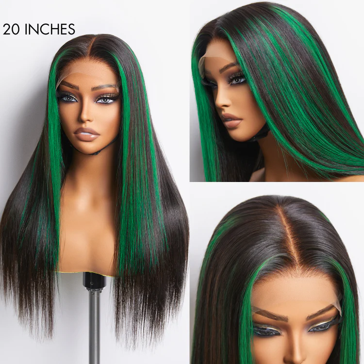 Green Highlight Silky Straight Glueless 5x5 Closure Lace Wig | Large & Small Cap Size - Image 3