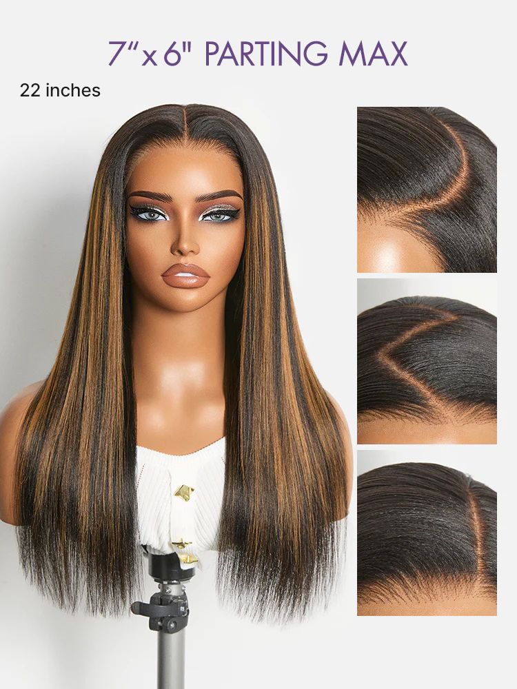 Luvme All-Day Comfort Black with Honey Blonde Highlights Yaki Straight 7x6 Closure HD Lace Glueless Wig Pre-Cut Lace - Image 4