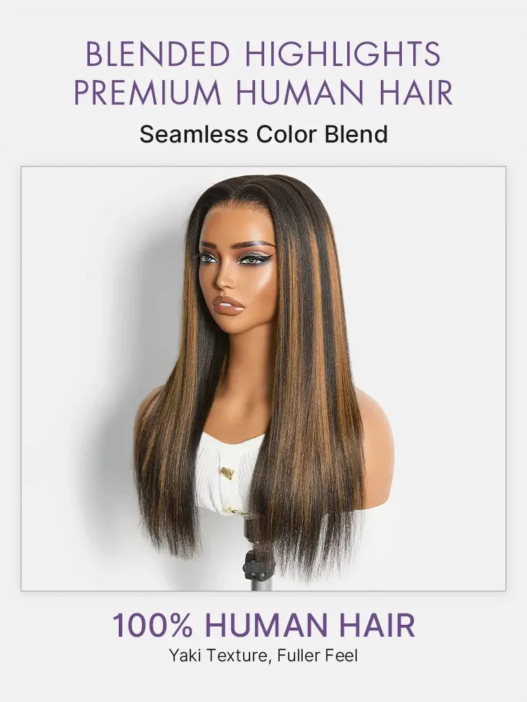 Luvme All-Day Comfort Black with Honey Blonde Highlights Yaki Straight 7x6 Closure HD Lace Glueless Wig Pre-Cut Lace - Image 5