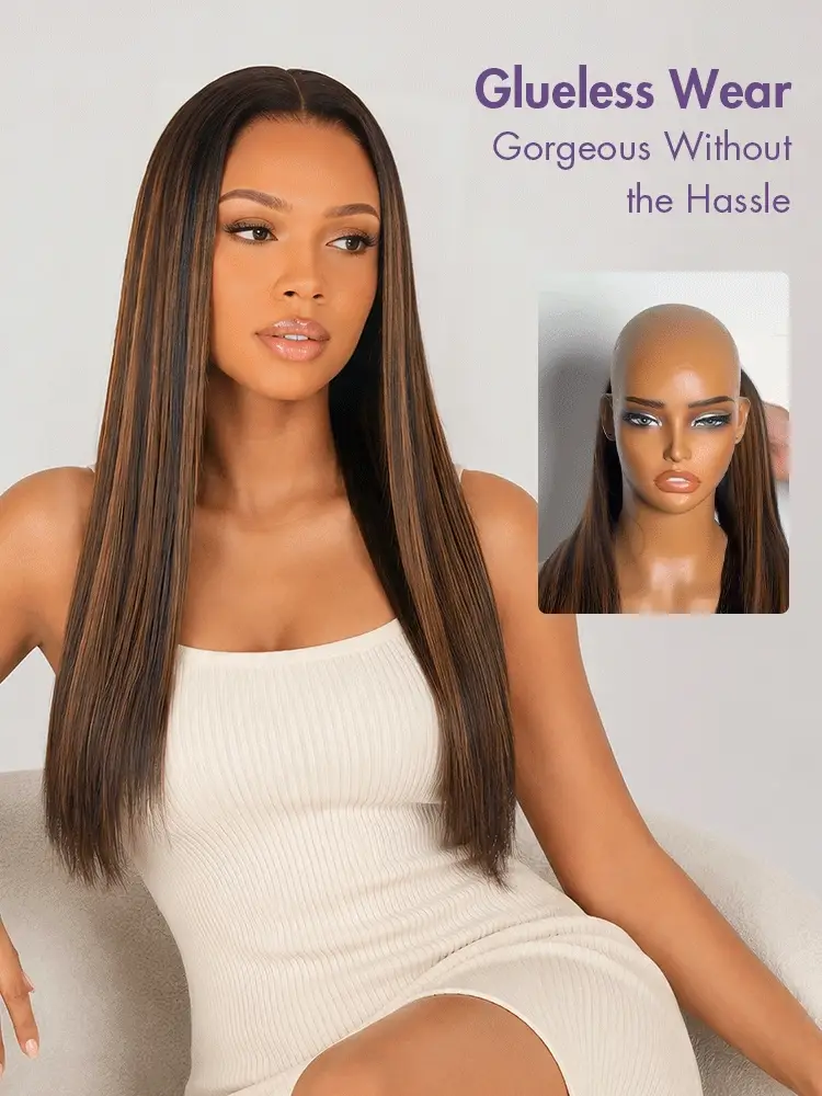 Luvme All-Day Comfort Black with Honey Blonde Highlights Yaki Straight 7x6 Closure HD Lace Glueless Wig Pre-Cut Lace - Image 7