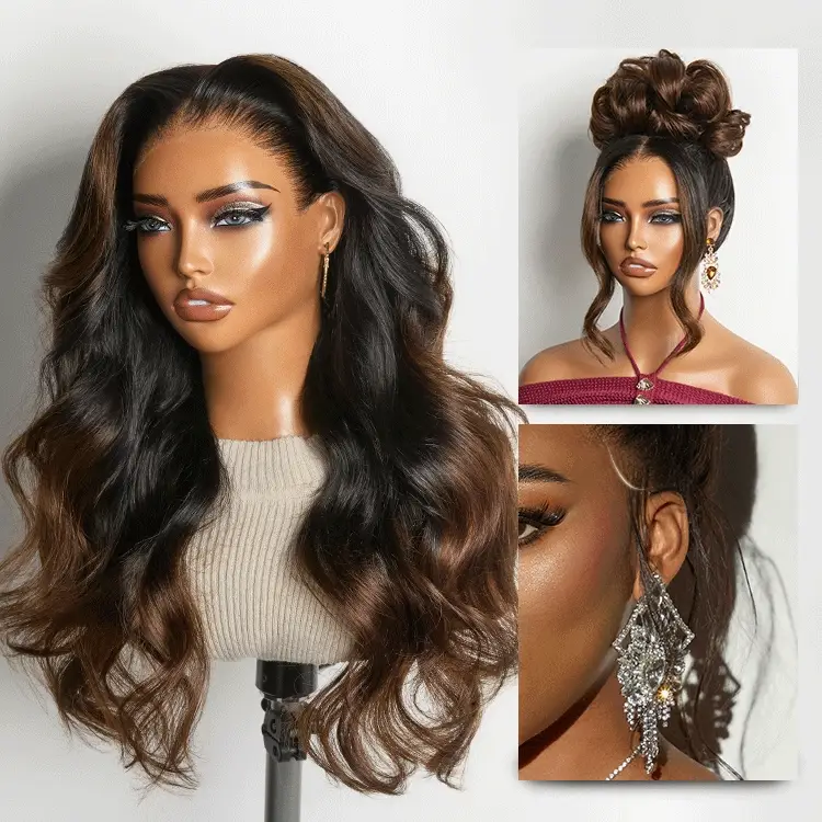 Luvme Hair-NatureMAX™ 200% Density Ombre Brown / Natural Black Loose Wave Glueless 13x6 / 13x4 HD Lace Front Wig Human Hair Pre-Cut Lace Flexi-Fit Drawstring Cap