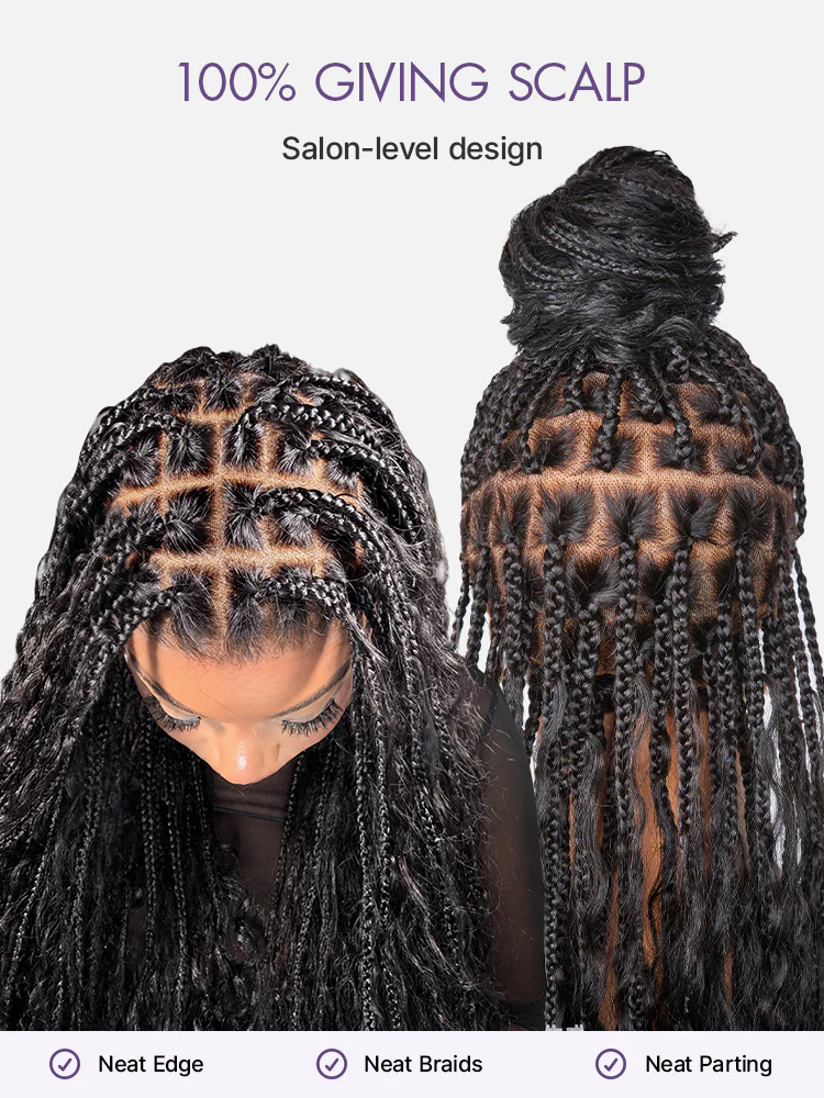 Luvme Hair-OwnScalp™  Light Weight Flexi-Fit Invisi Drawstring Cap Full Lace Knotless Boho Curls Braided Long Wig Super Natural Scalp Pre-Cut Lace - Image 4