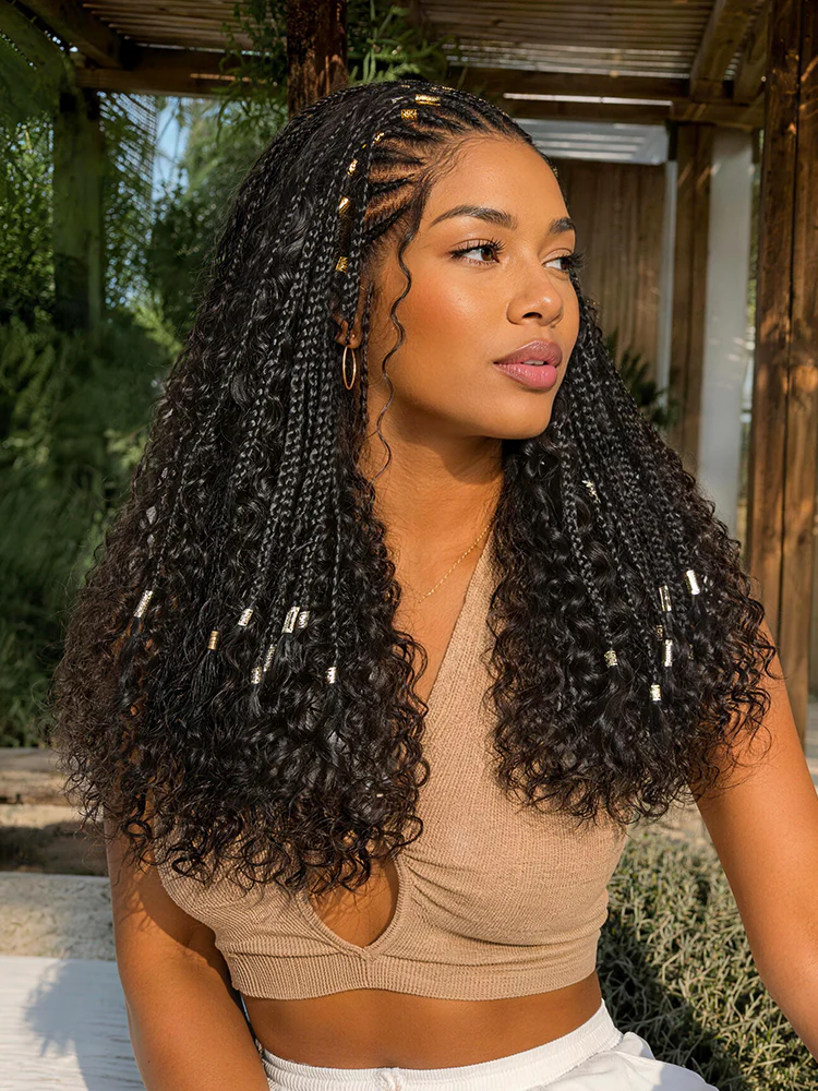 Natural Black Boho Cornrow Braids 13x4 Frontal Lace Deep Curly Long Wig Pre-cut Lace - Image 3