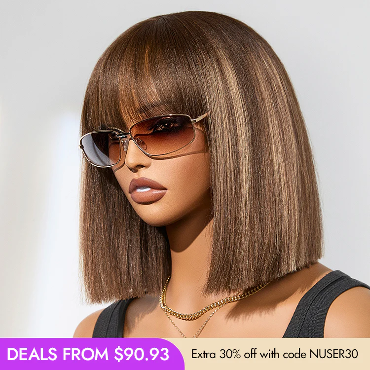New Customers Only | Ash Blonde Highlights Yaki Blunt Cut Bob Wig with Bangs Glueless Minimalist Lace Short Wig Breathable Cap