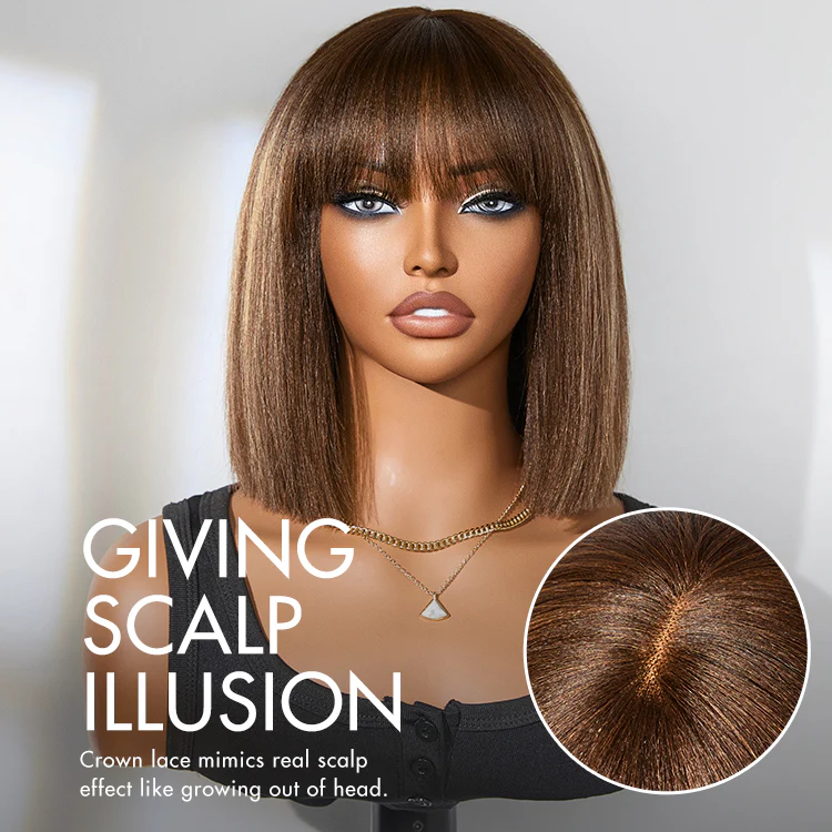 New Customers Only | Ash Blonde Highlights Yaki Blunt Cut Bob Wig with Bangs Glueless Minimalist Lace Short Wig Breathable Cap - Image 3
