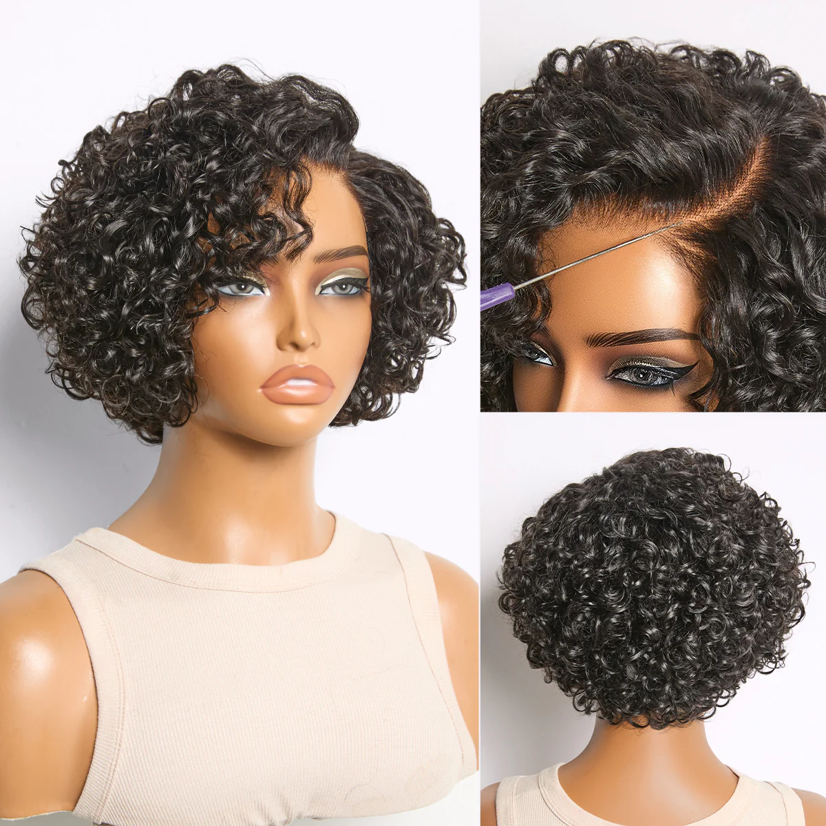 New Customers Only | Beginner Friendly Natural Black Lightweight Roll Curl Glueless Minimalist HD Lace Short Pixie Cut Wig Pre Cut Lace - Image 10