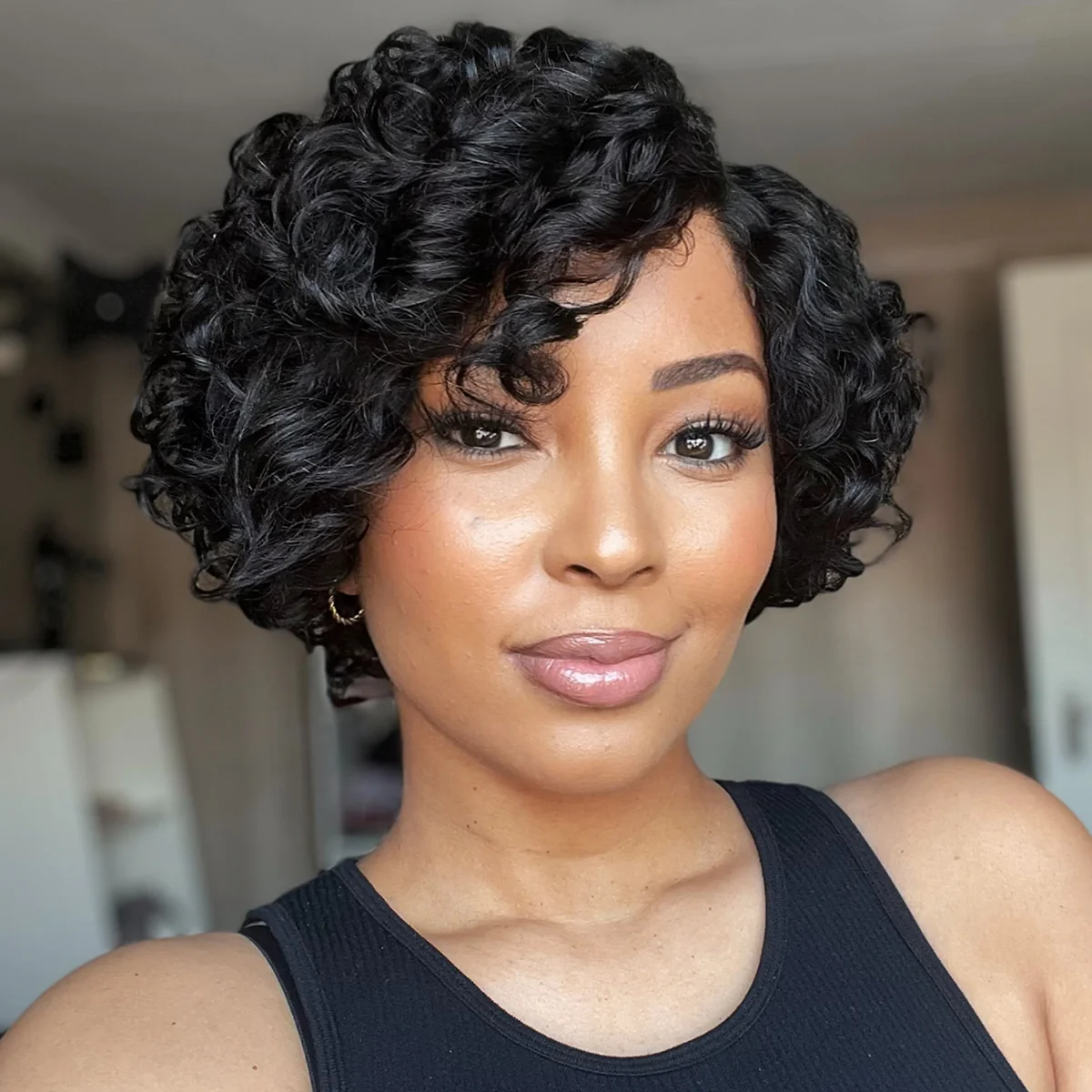 New Customers Only | Beginner Friendly Natural Black Lightweight Roll Curl Glueless Minimalist HD Lace Short Pixie Cut Wig Pre Cut Lace - Image 12