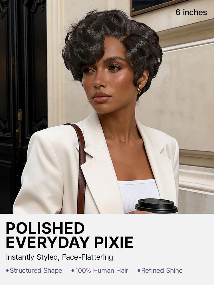 New Customers Only | Beginner Friendly Natural Black Lightweight Roll Curl Glueless Minimalist HD Lace Short Pixie Cut Wig Pre Cut Lace - Image 2